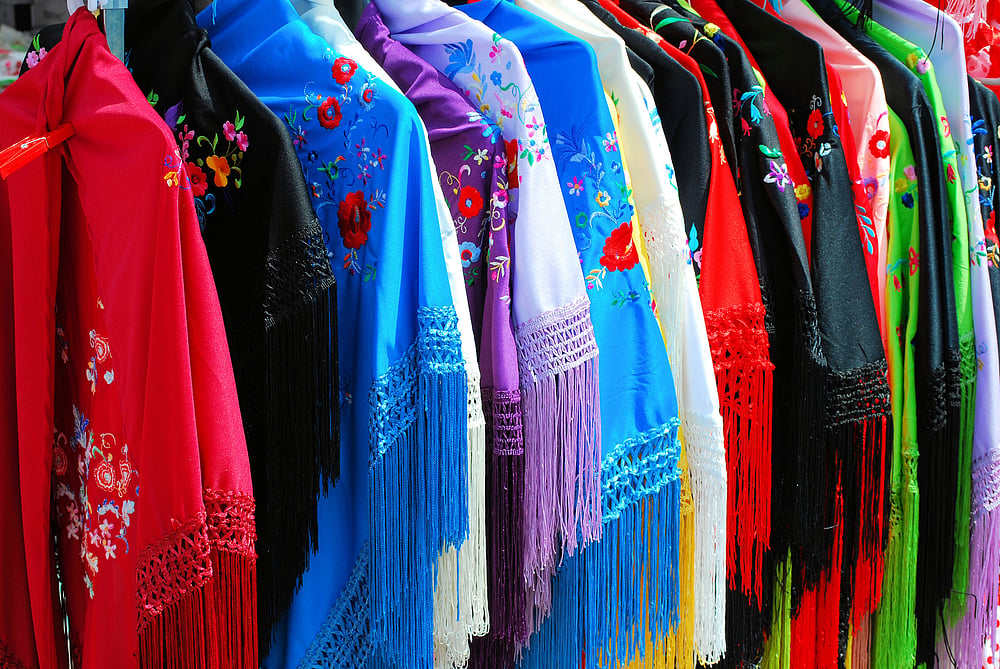 Embroidered scarves at a fair in Barcelona